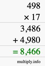 How to calculate 498 times 17 using long multiplication