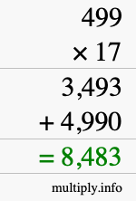 How to calculate 499 times 17 using long multiplication