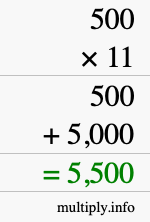 How to calculate 500 times 11 using long multiplication