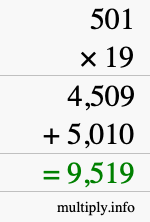 How to calculate 501 times 19 using long multiplication