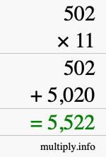 How to calculate 502 times 11 using long multiplication