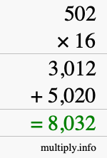 How to calculate 502 times 16 using long multiplication How to calculate 502 times 16 using long multiplication