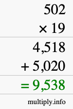 How to calculate 502 times 19 using long multiplication