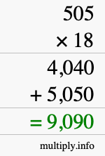 How to calculate 505 times 18 using long multiplication