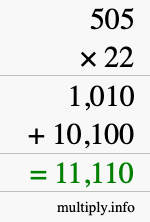 How to calculate 505 times 22 using long multiplication How to calculate 505 times 22 using long multiplication