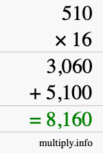 How to calculate 510 times 16 using long multiplication How to calculate 510 times 16 using long multiplication
