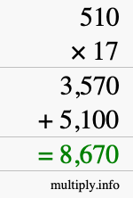 How to calculate 510 times 17 using long multiplication