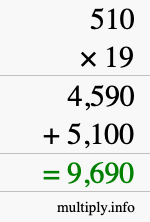 How to calculate 510 times 19 using long multiplication