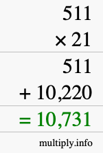 How to calculate 511 times 21 using long multiplication