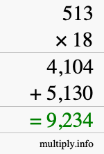 How to calculate 513 times 18 using long multiplication