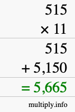 How to calculate 515 times 11 using long multiplication