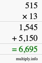 How to calculate 515 times 13 using long multiplication How to calculate 515 times 13 using long multiplication