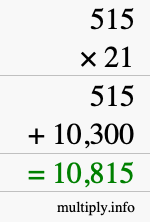 How to calculate 515 times 21 using long multiplication