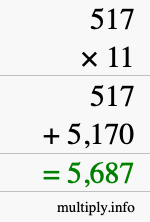 How to calculate 517 times 11 using long multiplication