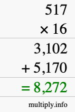 How to calculate 517 times 16 using long multiplication How to calculate 517 times 16 using long multiplication