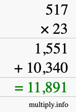 How to calculate 517 times 23 using long multiplication