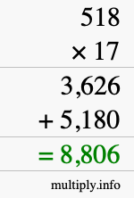 How to calculate 518 times 17 using long multiplication