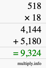 How to calculate 518 times 18 using long multiplication