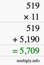 How to calculate 519 times 11 using long multiplication