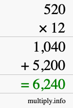 How to calculate 520 times 12 using long multiplication