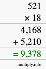 How to calculate 521 times 18 using long multiplication