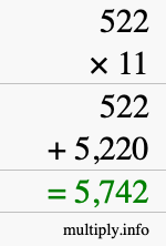 How to calculate 522 times 11 using long multiplication