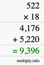 How to calculate 522 times 18 using long multiplication