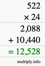 How to calculate 522 times 24 using long multiplication