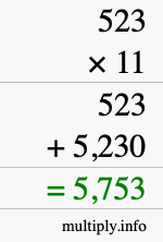 How to calculate 523 times 11 using long multiplication