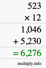 How to calculate 523 times 12 using long multiplication How to calculate 523 times 12 using long multiplication