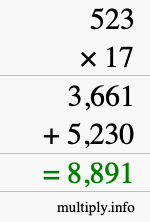 How to calculate 523 times 17 using long multiplication How to calculate 523 times 17 using long multiplication