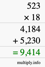 How to calculate 523 times 18 using long multiplication