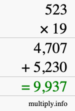 How to calculate 523 times 19 using long multiplication