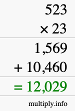 How to calculate 523 times 23 using long multiplication