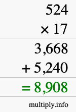 How to calculate 524 times 17 using long multiplication How to calculate 524 times 17 using long multiplication