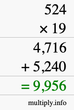 How to calculate 524 times 19 using long multiplication