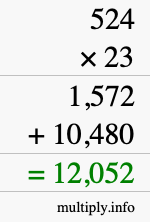 How to calculate 524 times 23 using long multiplication