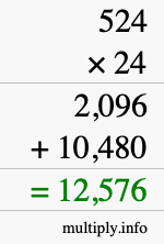 How to calculate 524 times 24 using long multiplication
