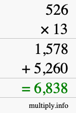 How to calculate 526 times 13 using long multiplication