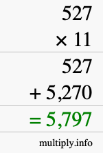 How to calculate 527 times 11 using long multiplication