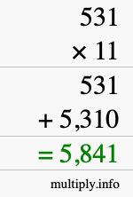 How to calculate 531 times 11 using long multiplication