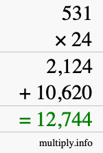 How to calculate 531 times 24 using long multiplication