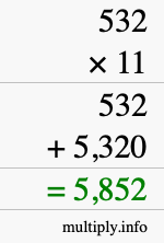 How to calculate 532 times 11 using long multiplication