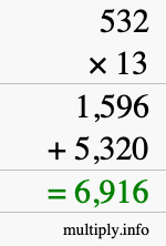How to calculate 532 times 13 using long multiplication
