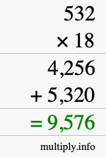 How to calculate 532 times 18 using long multiplication
