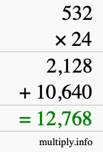 How to calculate 532 times 24 using long multiplication