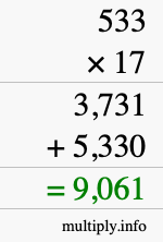 How to calculate 533 times 17 using long multiplication How to calculate 533 times 17 using long multiplication