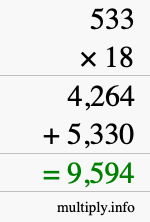 How to calculate 533 times 18 using long multiplication