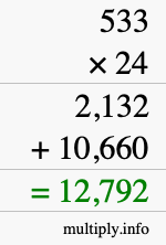 How to calculate 533 times 24 using long multiplication