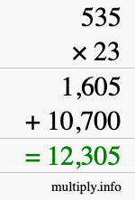 How to calculate 535 times 23 using long multiplication